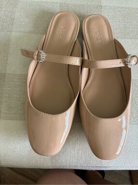 J. Crew Patent Nude Beige Mary Jane Mules with Crystal Buckles